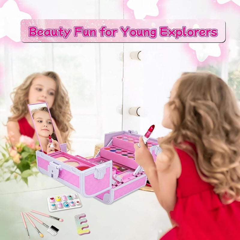 Beauenty Kids Makeup Kit - Washable Makeup Set for Girls with Portable Box, Includes Lipstick, Eye Shadows, and More (Pink) - Image 4